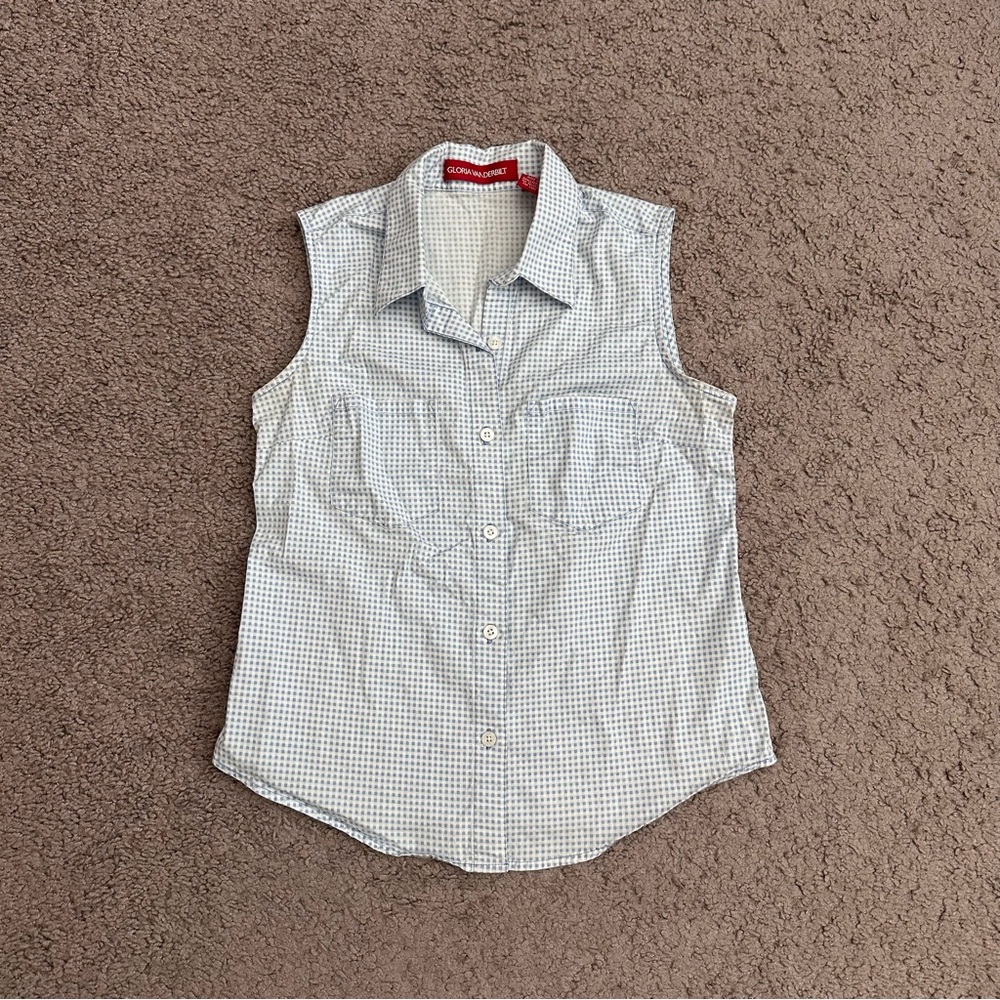 Gloria Vanderbilt Light Blue Gingham Sleeveless Button Up Shirt Womens S